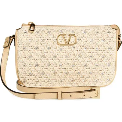 Valentino Garavani Mini Vlogo Embellished Faux Raffia Crossbody Bag In Neutral