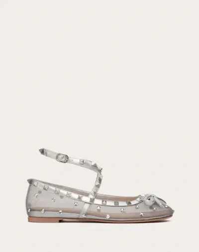 Valentino Garavani Crystal-embellished Mesh Ballet Flats In Pastel Grey/silver