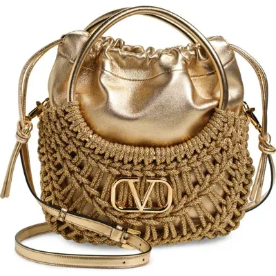 Valentino Garavani Small Macramé Drawstring Leather Bag In Gold