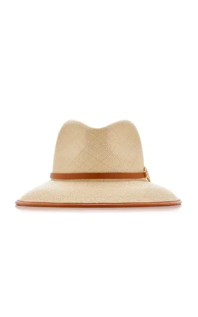 Valentino Garavani Leather-trimmed Raffia Hat In Brown