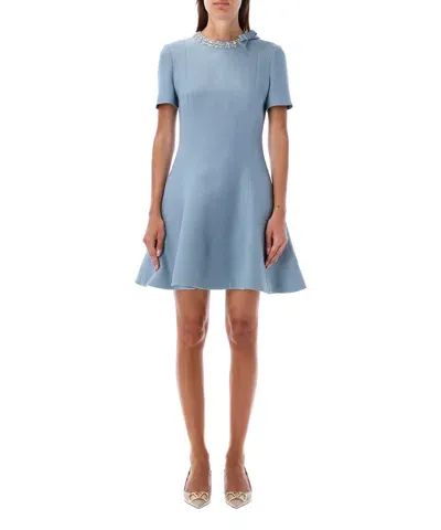 Valentino Embellished Wool And Silk-blend Mini Dress In Blue