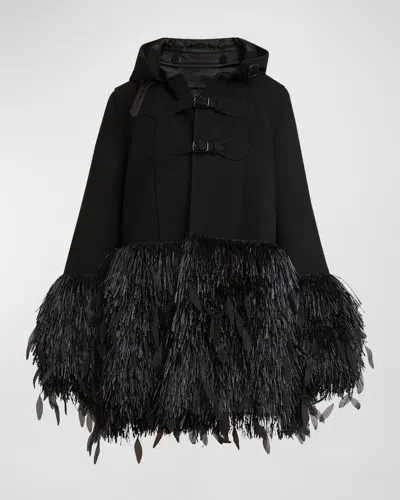 Valentino Montgomery Raffia Fringe Hooded Wool Coat In Black