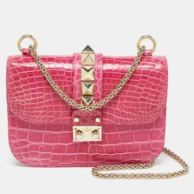 Pre-owned Valentino Garavani Pink Crocodile Small Glam Lock Shoulder Bag