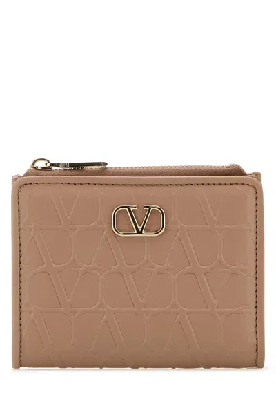 Valentino Garavani Powder Pink Leather Wallet In Brown