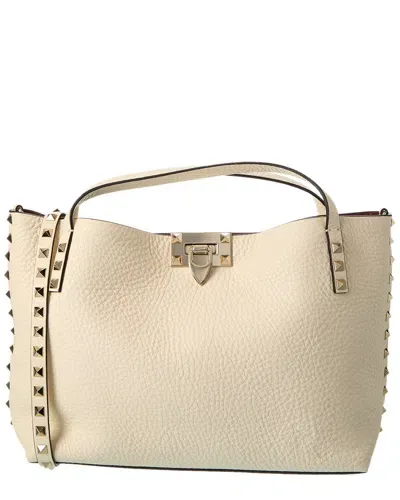 Valentino Garavani Small Rockstud Leather Tote Bag In White