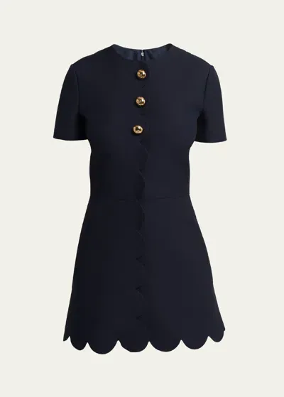 Valentino Scalloped Wool Mini Dress In Navy