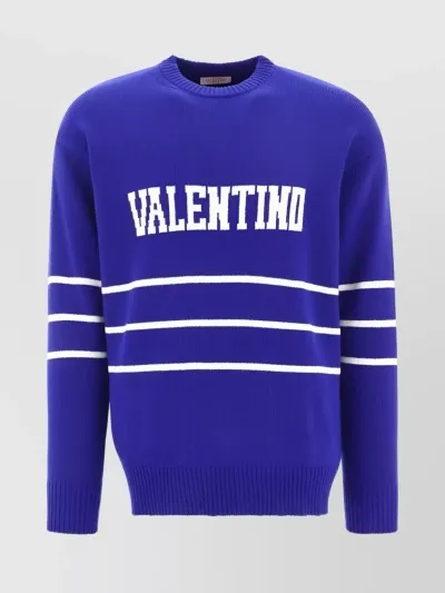 Valentino Logo Intarsia Long-sleeved Jumper In Blue