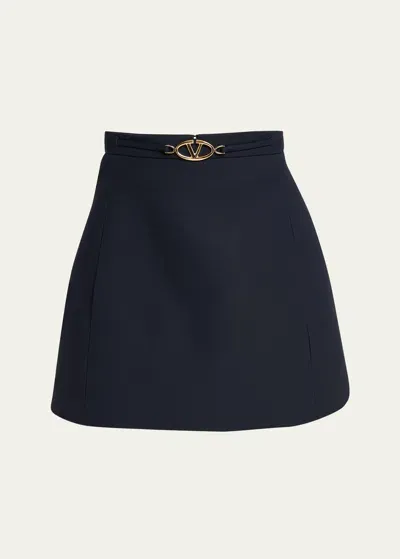 Valentino V Logo Belt Wool Mini Skirt In Navy