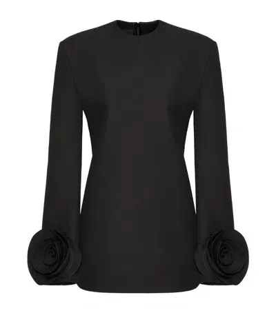 Valentino Virgin Wool-silk Flower-cuff Mini Dress In Black