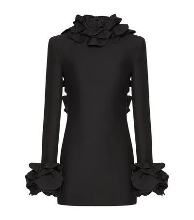 Valentino Virgin Wool-silk Flower-detail Mini Dress In Black