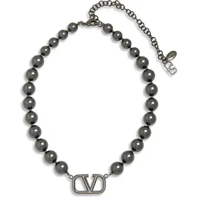 Valentino Garavani Vlogo Signature Swarovski Pearl Necklace In Black Ruthenium/crystal Black