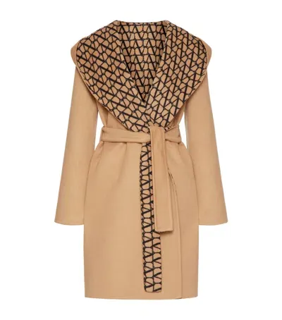 Valentino Wool-blend Vlogo Hooded Coat In Beige