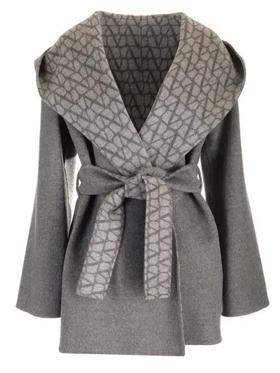 Valentino Wool Hooded Coat In Gray