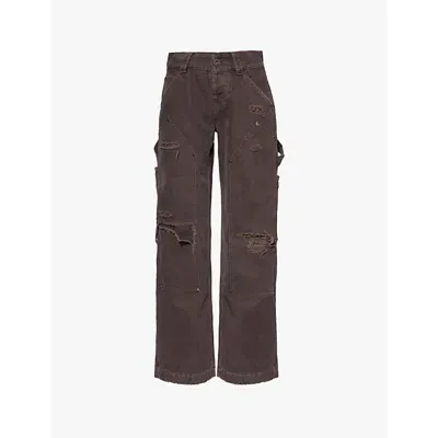 Vaquera Womens Dark Brown Workwear Distressed Straight-leg Cotton-canvas Trousers