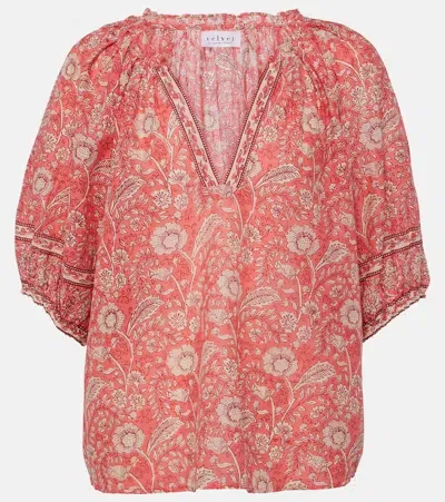 Velvet Lyra Floral Cotton Blouse In Red