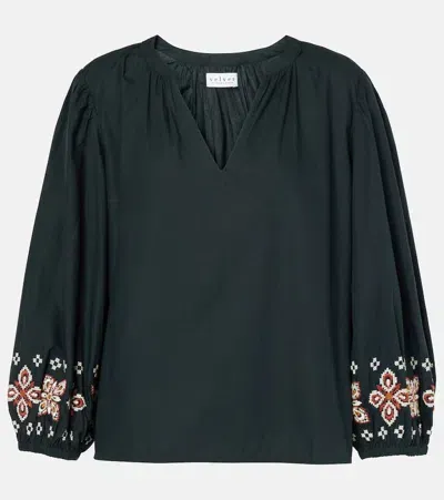 Velvet Paola Embroidered Cotton Blouse In Black