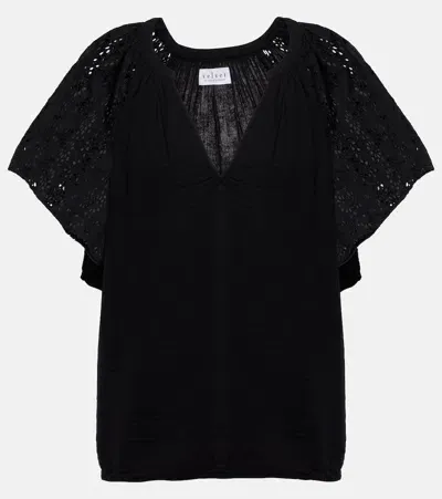 Velvet Tish Embroidered Cotton Top In Black