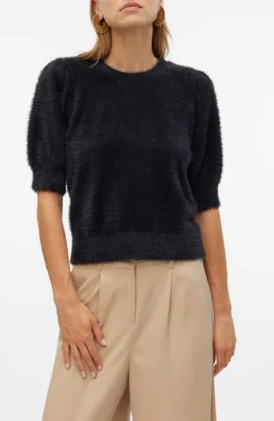 Vero Moda Alina Fuzzy Elbow Sleeve Sweater In Black