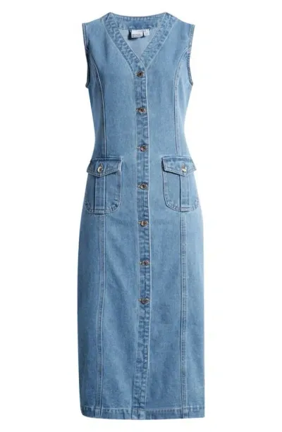 Vero Moda Eden Button-up Denim Midi Dress In Medium Blue Denim