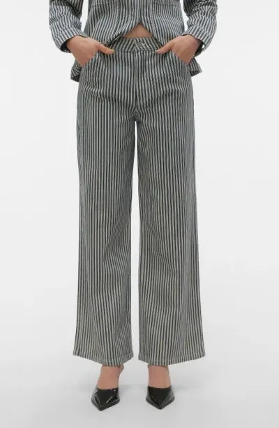 Vero Moda Kathy Stripe High Waist Wide Leg Jeans In Medium Blue Denim Stripe