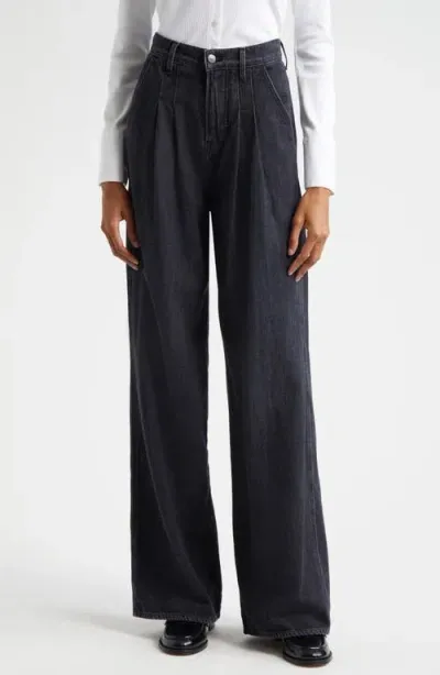 Veronica Beard Mia High Waist Double Pleat Wide Leg Jeans In Detail Of Front Pleats