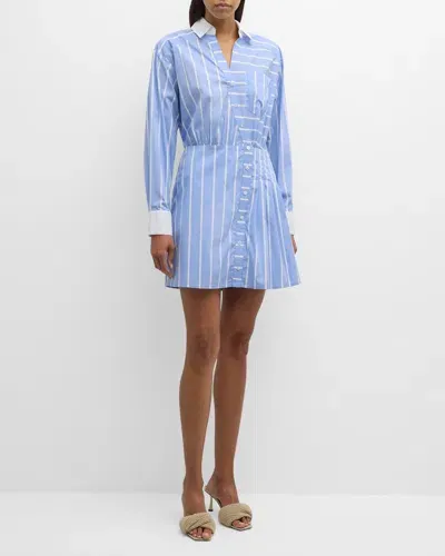 Veronica Beard Poppe Multi-stripe Long-sleeve Mini Shirtdress In Hydrangea/white