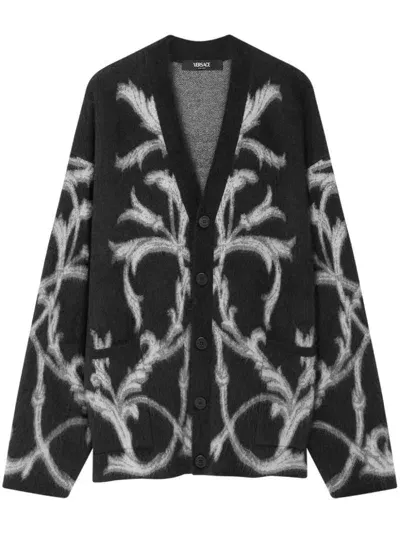 Versace Barocco Wool Blend Cardigan In Black