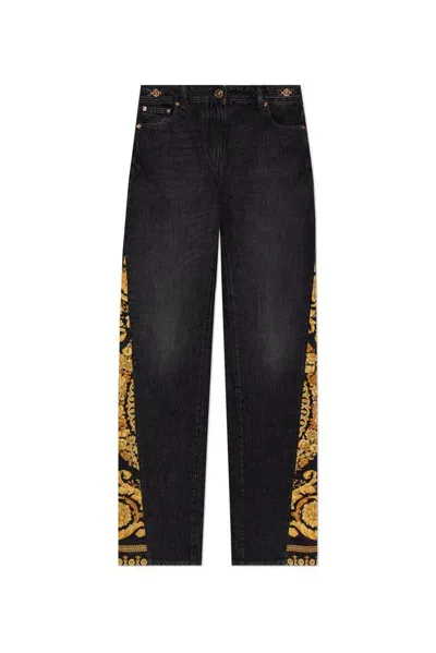 Versace Barocco Motif Denim Jeans In Black+print