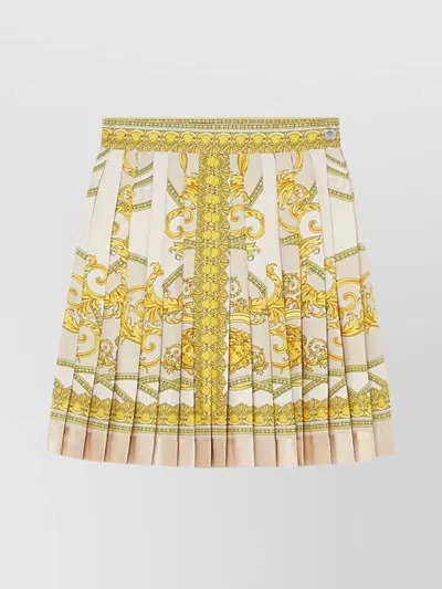 Versace Barocco Print Silk Pleated Mini Skirt In Golden