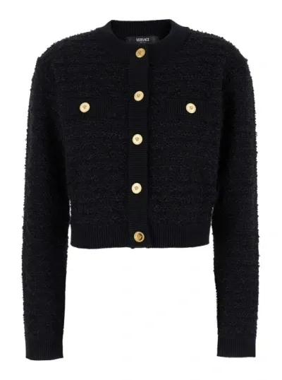 Versace Black Cardigan With Jewel Buttons In Tweed In Blue