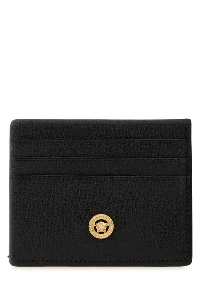 Versace Black Leather Medusa Biggie Card Holder In Blackgold