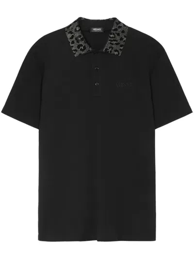 Versace Crystal-embellished Polo Shirt In Black