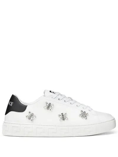 Versace Crystal Greca Sneakers In Black+white