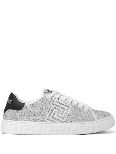 Versace Crystal Greca Sneakers In Black+white