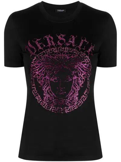 Versace Crystal Medusa Logo T-shirt, Female, Black+pink, 52