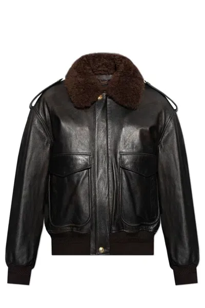 Versace Detachable Collar Leather Jacket In Black