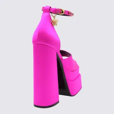 Versace Fucsia Satin Medusa Sandals In Deep Fuxia-oro