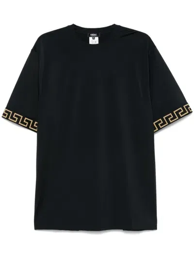 Versace Greca & Logo Stretch Tech T-shirt In Black  