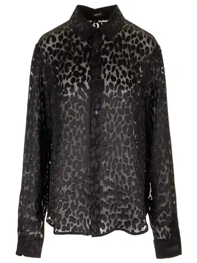 Versace Informal Shirt Leopard Jacquard Satin Fabric In Black