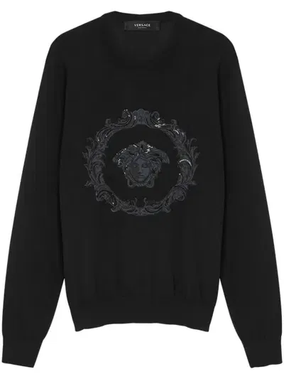 Versace Embroidered Sweater In Black