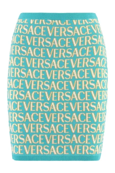 Versace Knitted Mini Skirt In Turquoise