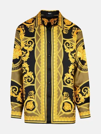 Versace Black And Yellow Shirt With Barocco Print In Silk Man