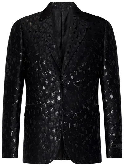 Versace Lurex Leopard Jacquard Blazer In Black