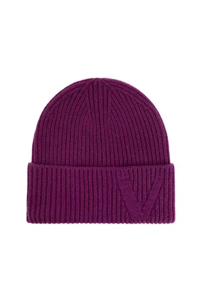 Versace Logo Embroidered Knitted Beanie In Purple