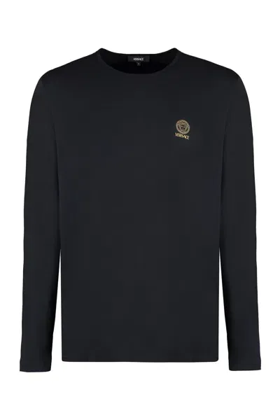 Versace Navy Medusa Long Sleeve T-shirt In Black