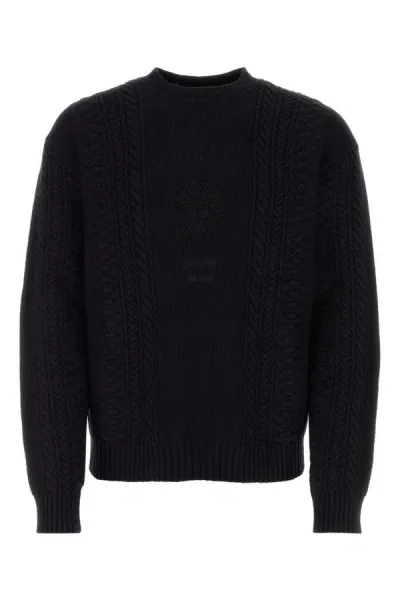 Versace Logo Cotton Blend Cable Knit Sweater In Black