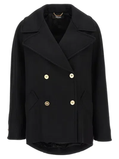 Versace 'medusa' Double-breasted Coat Gold-tone Buttons In Black