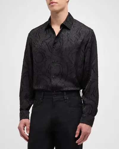 Versace Men's Tonal Barocco Sport Shirt In Black