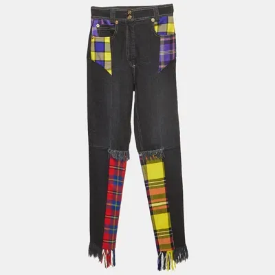 Pre-owned Versace Multicolor Plaid Wool & Denim Frayed Jeans S Waist 24" In Black