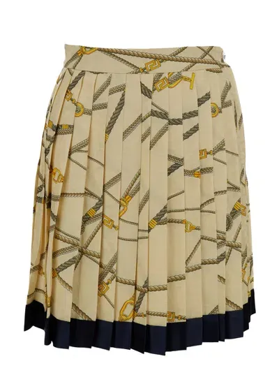 Versace Pale Yellow Pleated Mini Skirt With All-over Logo Print In Silk Blend Woman